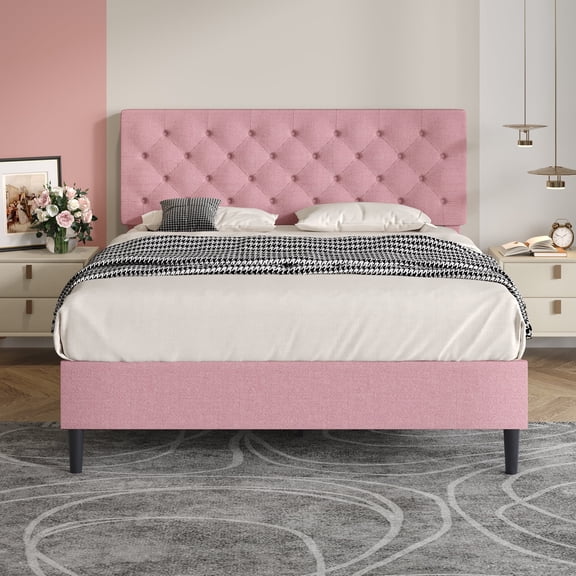 4 EVER WINNER Queen Size Bed Frame, Upholstered Platform Bed with Headboard, Button Tufted Headboard, Pink