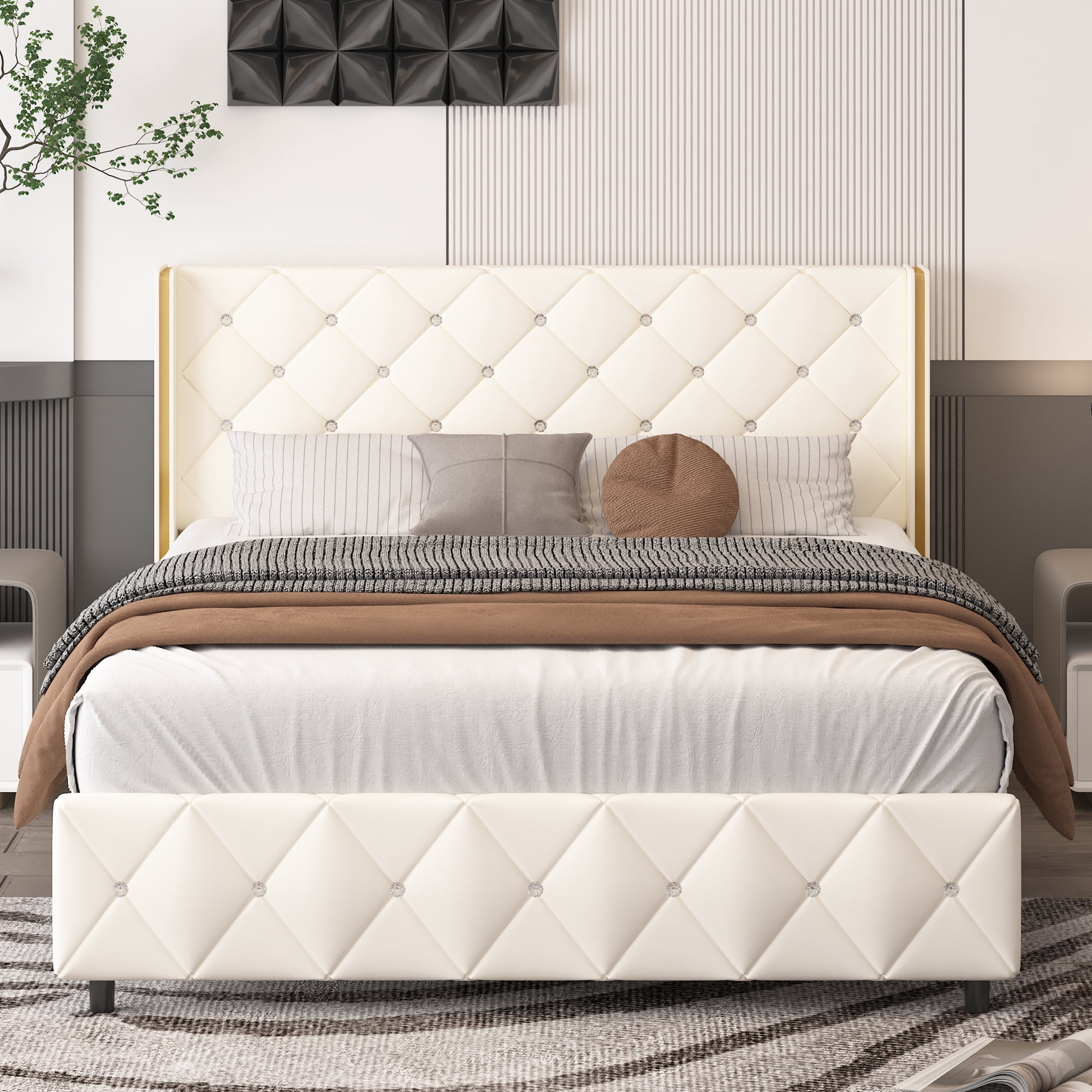 4 EVER WINNER Queen Size Bed Frame, Upholstered Platform Bed with ...
