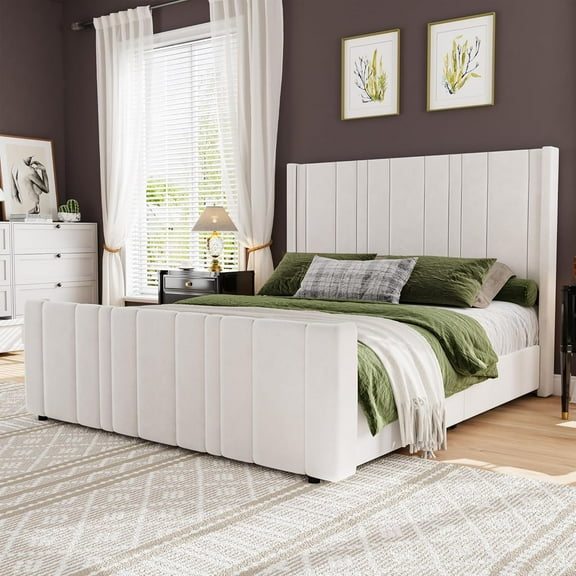 4 EVER WINNER Queen Size Bed Frame, Velvet Upholstered Platform Bed Frame with Headboard, Pink Queen Bed Frame, Pink