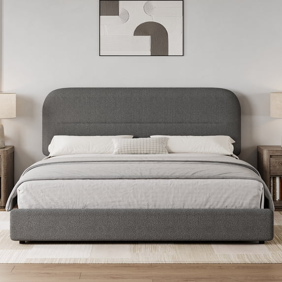 4 EVER WINNER Queen Bed Frame with Headboard, Boucle Upholstered Platform Bed Frame wiith Rounded Corner, Soft Cloud Bed Frame, No Box Spring Needed, Gray
