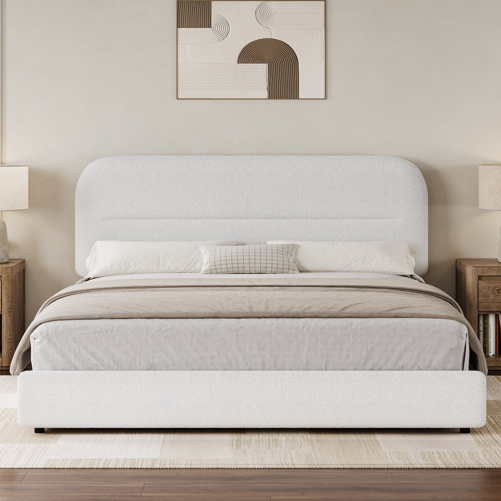 4 Ever Winner Modern Boucle Upholstered Queen Bed Frame with Headboard, Rounded Corners, No Box Spring Needed, White