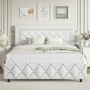 4 EVER WINNER Queen Size Bed Frame with Headboard, Upholstered Platform Bed Frame, Diamond Tufted Headboard & Footboard, White