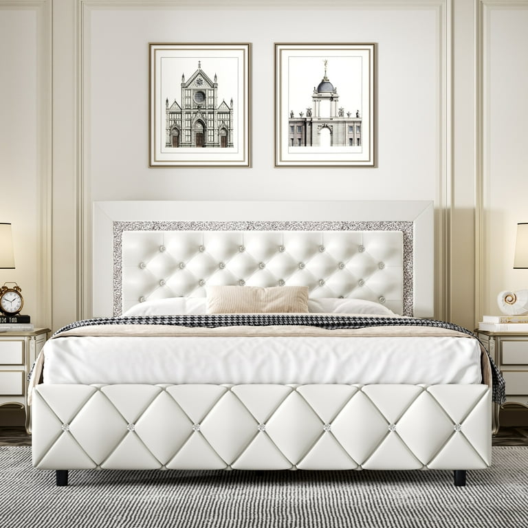 4 Ever Winner Queen Size Bed Frame with Headboard Upholstered Platform Bed Frame Diamond Tufted Headboard Footboard White