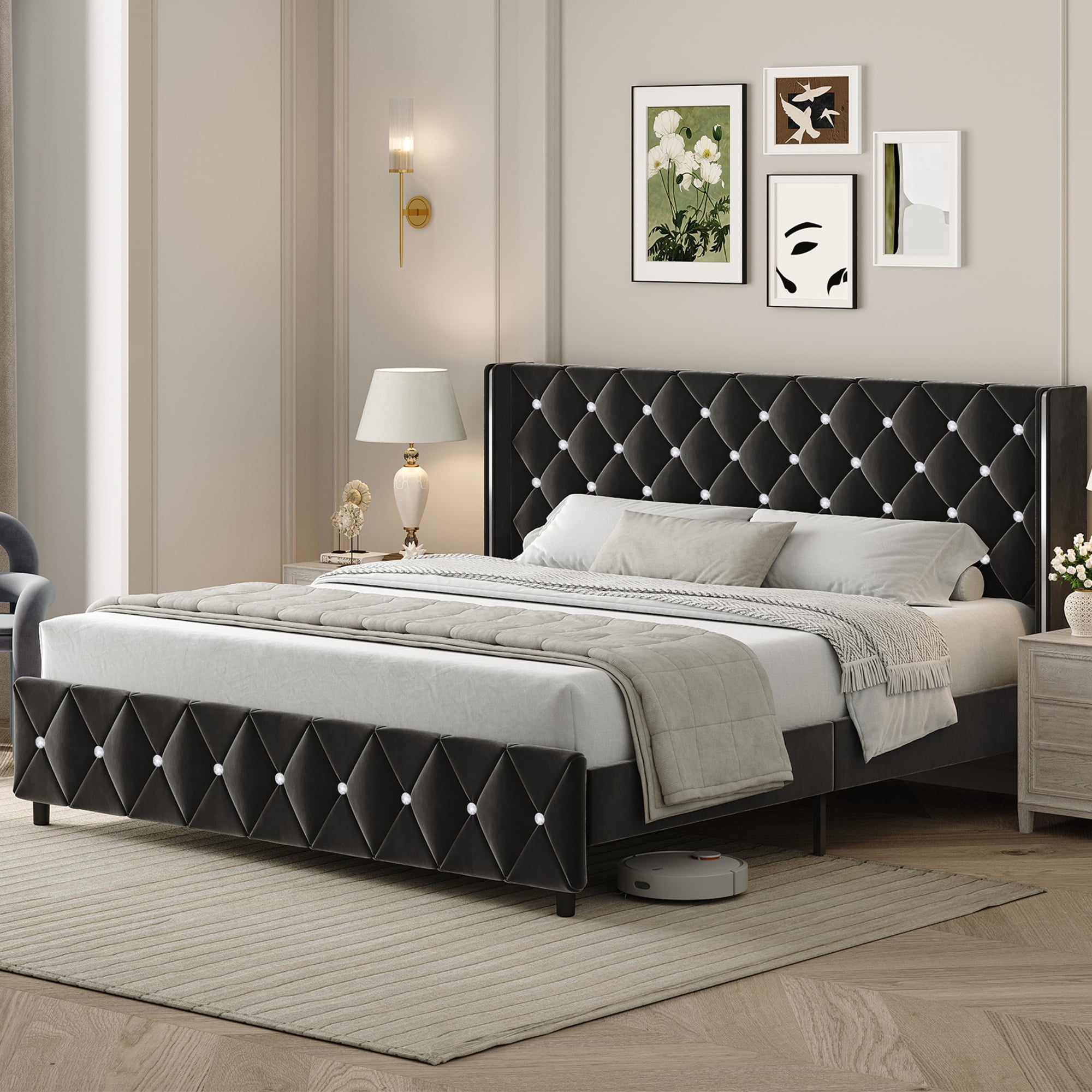 4 EVER WINNER Queen Size Black Upholstered Bed Frame with Silver Trim & Button Tufting, Velvet Platform Bed, No Box Spring Needed, Noise-Reduced Mattress Base