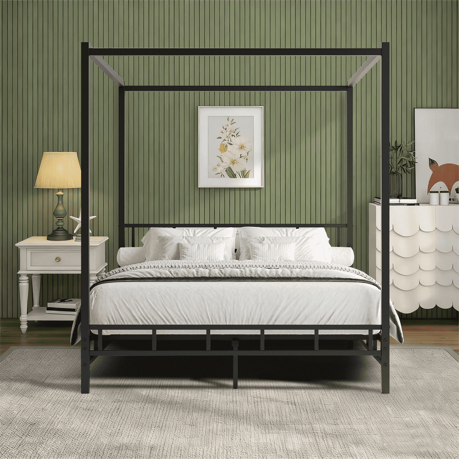 4 EVER WINNER Queen Size Detachable Metal Canopy Bed Frame, Modern Black Platform Bed with Noise-Free Slat Support, No Box Spring Needed, Underbed Storage, Tool-Free Quick Assembly