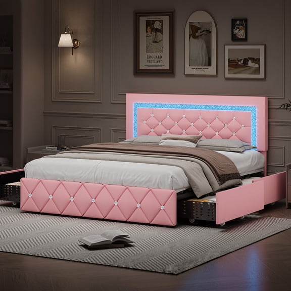4 EVER WINNER Queen Size LED Bed Frame with 4 Drawers, Pink Queen Bed Frame with LED Light Headboard, Modern Upholstered Bed with Diamond Headboard and Footboard, Pink