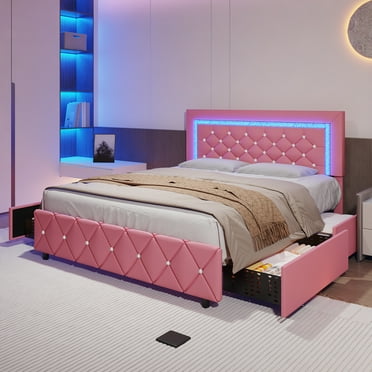 4 EVER WINNER Queen Size LED Bed Frame with 4 drawers, Pink Queen Bed Frame with LED Light Headboard, Modern Upholstered Bed with Diamond Headboard and Footboard, Pink