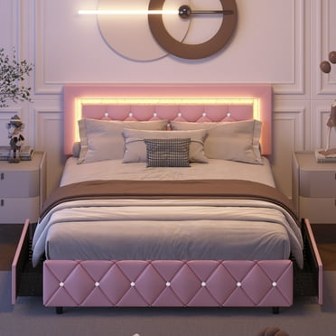 4 EVER WINNER Queen Size LED Bed Frame with 4 drawers, Pink Queen Bed Frame with LED Light Headboard, Modern Upholstered Bed with Diamond Headboard and Footboard, Pink