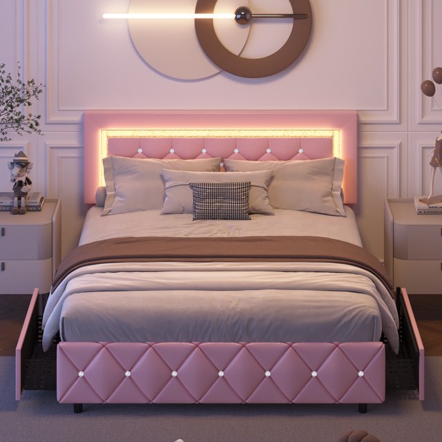 Queen Bed Frame Pink Comforter 4 EVER WINNER Queen Size LED Bed Frame with 4 drawers, Pink Queen Bed ...