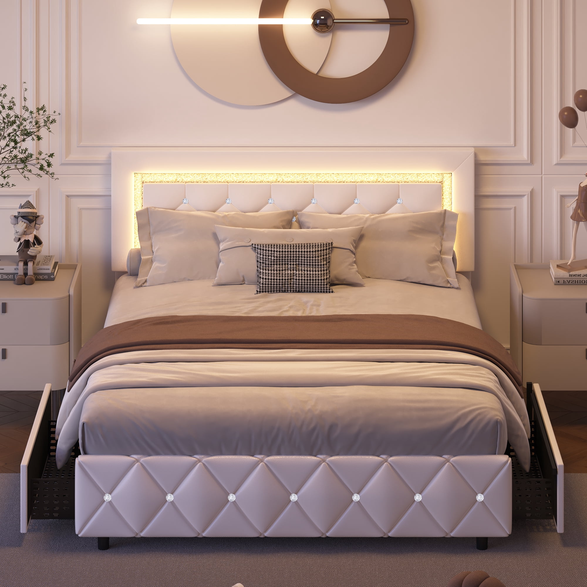 4 EVER WINNER Queen Size LED Bed Frame, Upholstered Platform Bed with 4 ...