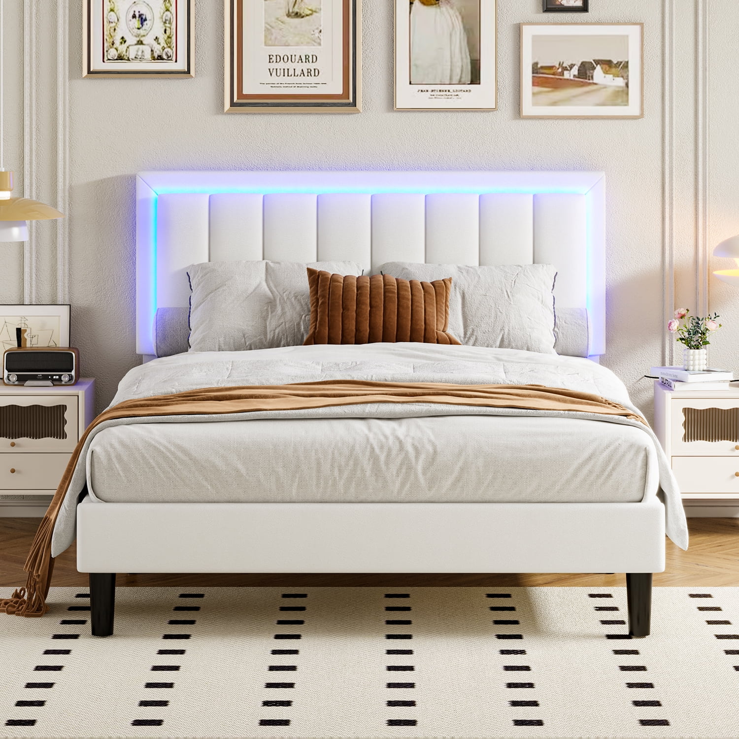 4 EVER WINNER LED Queen Size Bed Frame, White Queen Bed Frame with Led Light Headboard, PU