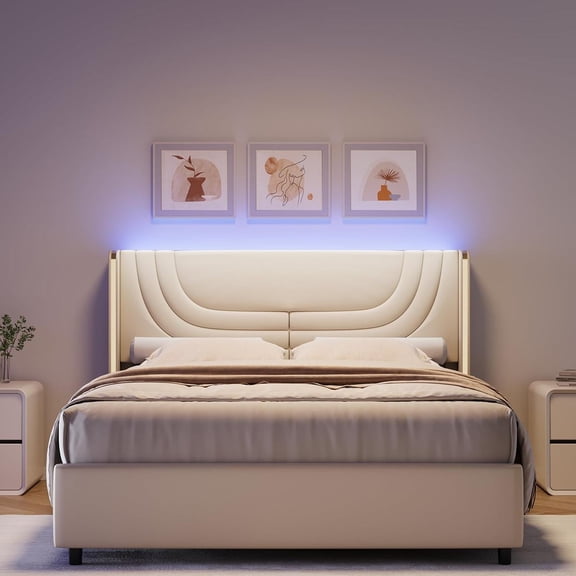 4 EVER WINNER Queen Size LED Bed Frame, Upholstered Platform Bed with LED Light Headboard, Beige Queen Bed Frame, Beige