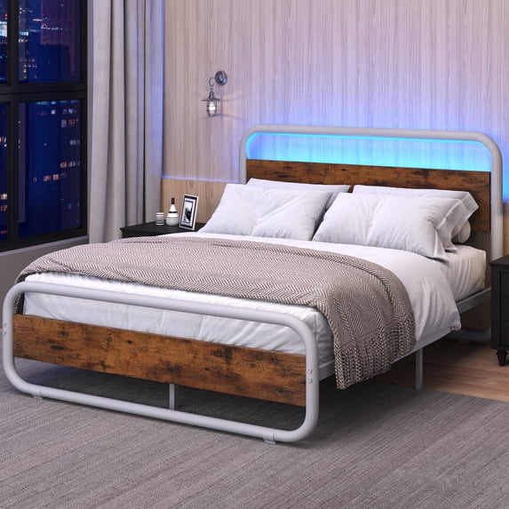 4 EVER WINNER Queen Size LED Bed Frame, White Metal Platform Bed Frame with LED Headboard, Rustic Wood Headboard, No Box Spring Needed, White
