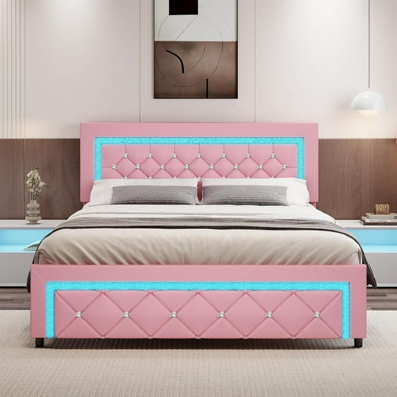 4 EVER WINNER Queen Size LED Bed Frame with Headboard，Upholstered Platform Bed Frame with LED Lights，Diamond Tufted Headboard and Footboard，Pink