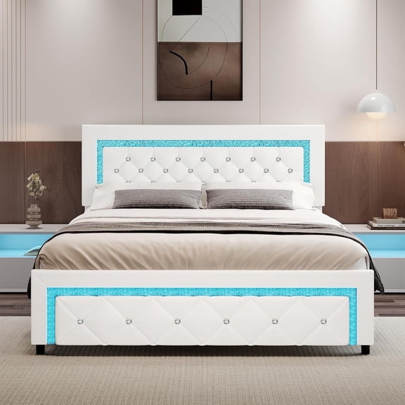 4 EVER WINNER Queen Size LED Bed Frame with Headboard，Upholstered Platform Bed Frame with LED Lights，Diamond Tufted Headboard and Footboard，White