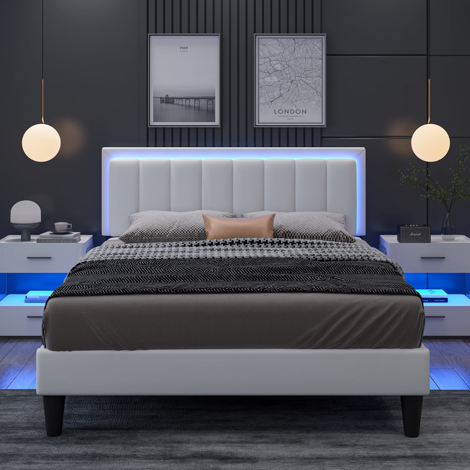 4 EVER WINNER Queen Size Led Bed Frame, Upholstered Platform Bed Frame