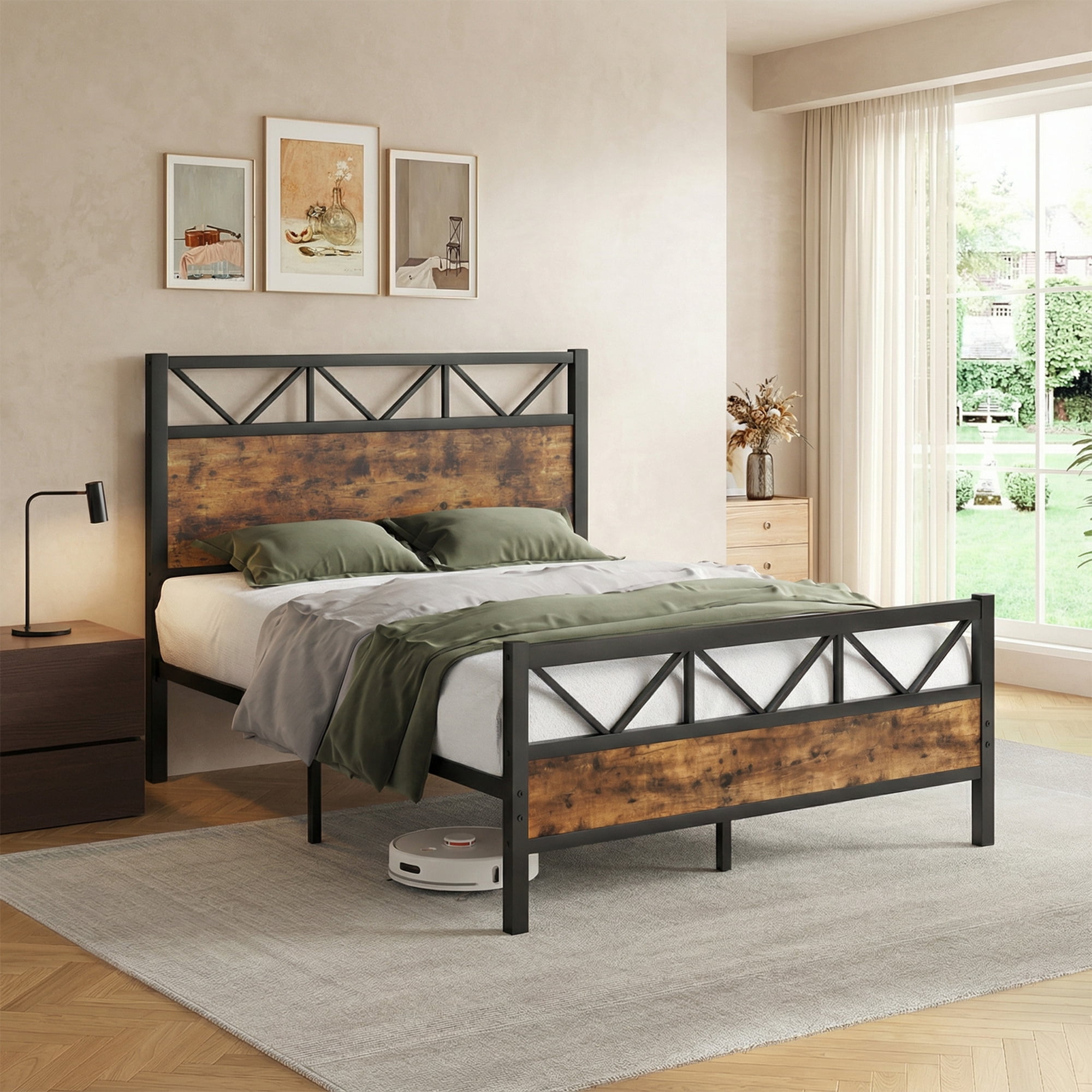 4 EVER WINNER Queen Size Metal Platform Bed Frame, 51.2" Tall Headboard, Industrial Style Headboard and Footboard, Under Bed Storage, Heavy Duty Metal Slats & Noise Free, Rustic Brown