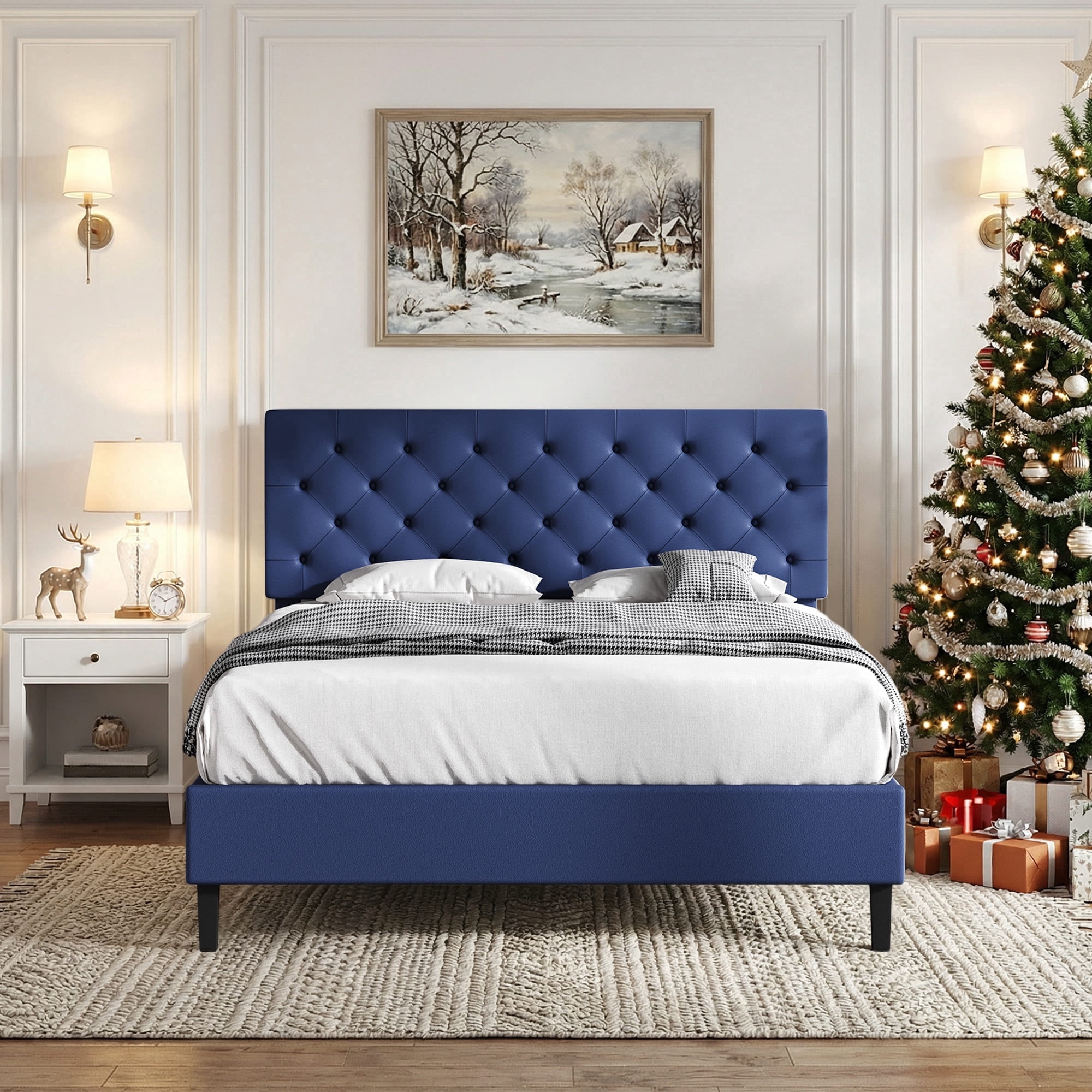 4 EVER WINNER Queen Size Platform Bed Frame with Faux Leather Upholstered Headboard, Bed Frame Twin with Button Tufted Design, No Box Spring Needed, Noise Free, Easy Assembly,Blue