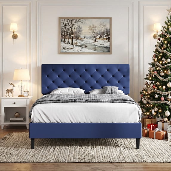 4 EVER WINNER Queen Size Platform Bed Frame with Faux Leather Upholstered Headboard, Bed Frame Twin with Button Tufted Design, No Box Spring Needed, Noise Free, Easy Assembly,Blue