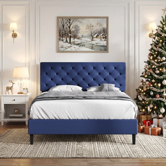 4 EVER WINNER Queen Size Platform Bed Frame with Faux Leather Upholstered Headboard, Bed Frame Twin with Button Tufted Design, No Box Spring Needed, Noise Free, Easy Assembly,Blue