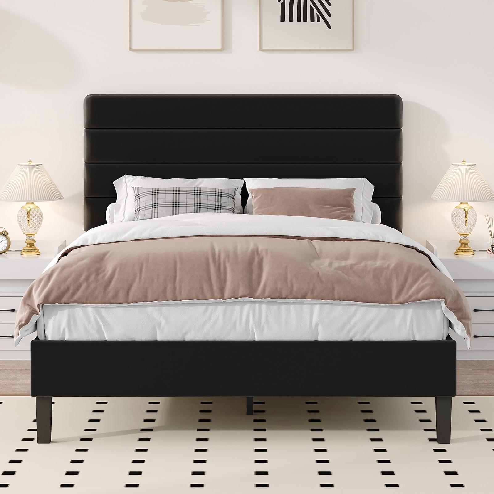4 EVER WINNER Queen Size Platform Bed Frame, Horizontal Stitched Black Velvet Upholstered Headboard, Solid Wooden Slat Support, Noise-Free, No Box Spring Needed