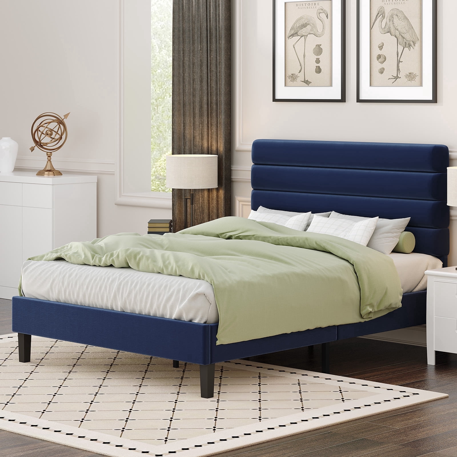 4 EVER WINNER Queen Size Platform Bed Frame, Horizontal Stitched Blue Velvet Upholstered Headboard, Solid Wooden Slat Support, Noise-Free, No Box Spring Needed