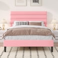 thumbnail image 1 of 4 EVER WINNER Queen Size Platform Bed Frame, Horizontal Stitched Pink Velvet Upholstered Headboard, Solid Wooden Slat Support, No Box Spring Required, Easy Assembly, 1 of 9