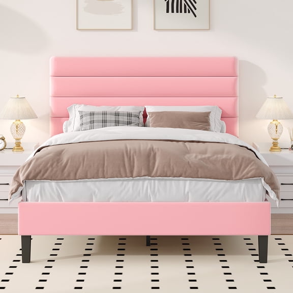 4 EVER WINNER Queen Size Platform Bed Frame, Horizontal Stitched Pink Velvet Upholstered Headboard, Solid Wooden Slat Support, No Box Spring Required, Easy Assembly