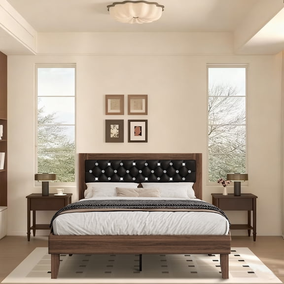 4 EVER WINNER Queen Size Rustic Platform Bed Frame, Luxury Diamond Tufted Headboard, Heavy-Duty Noise-Free, No Box Spring Required, Tool-Free Assembly, Walnut & Black