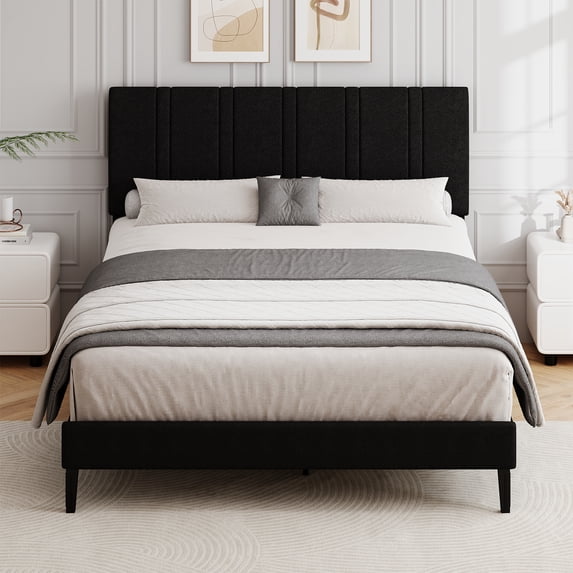 4 EVER WINNER Queen Size Upholstered Platform Bed Frame with Headboard, Black Queen Bed Frame, No Box Spring Needed, Black