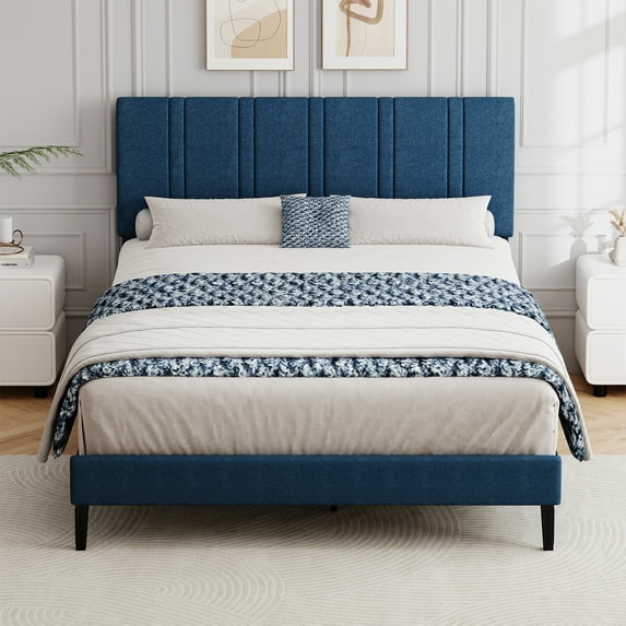 4 EVER WINNER Queen Size Upholstered Platform Bed Frame with Headboard, Blue Queen Bed Frame, No Box Spring Needed, Blue