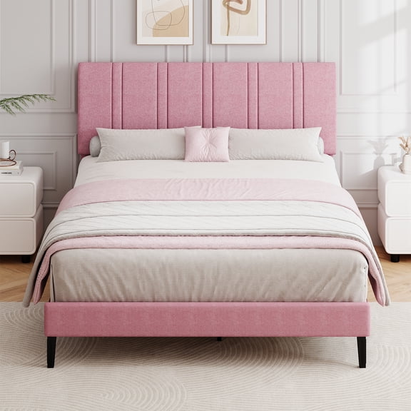 4 EVER WINNER Queen Size Upholstered Platform Bed Frame with Headboard, Pink Queen Bed Frame, No Box Spring Needed, Pink