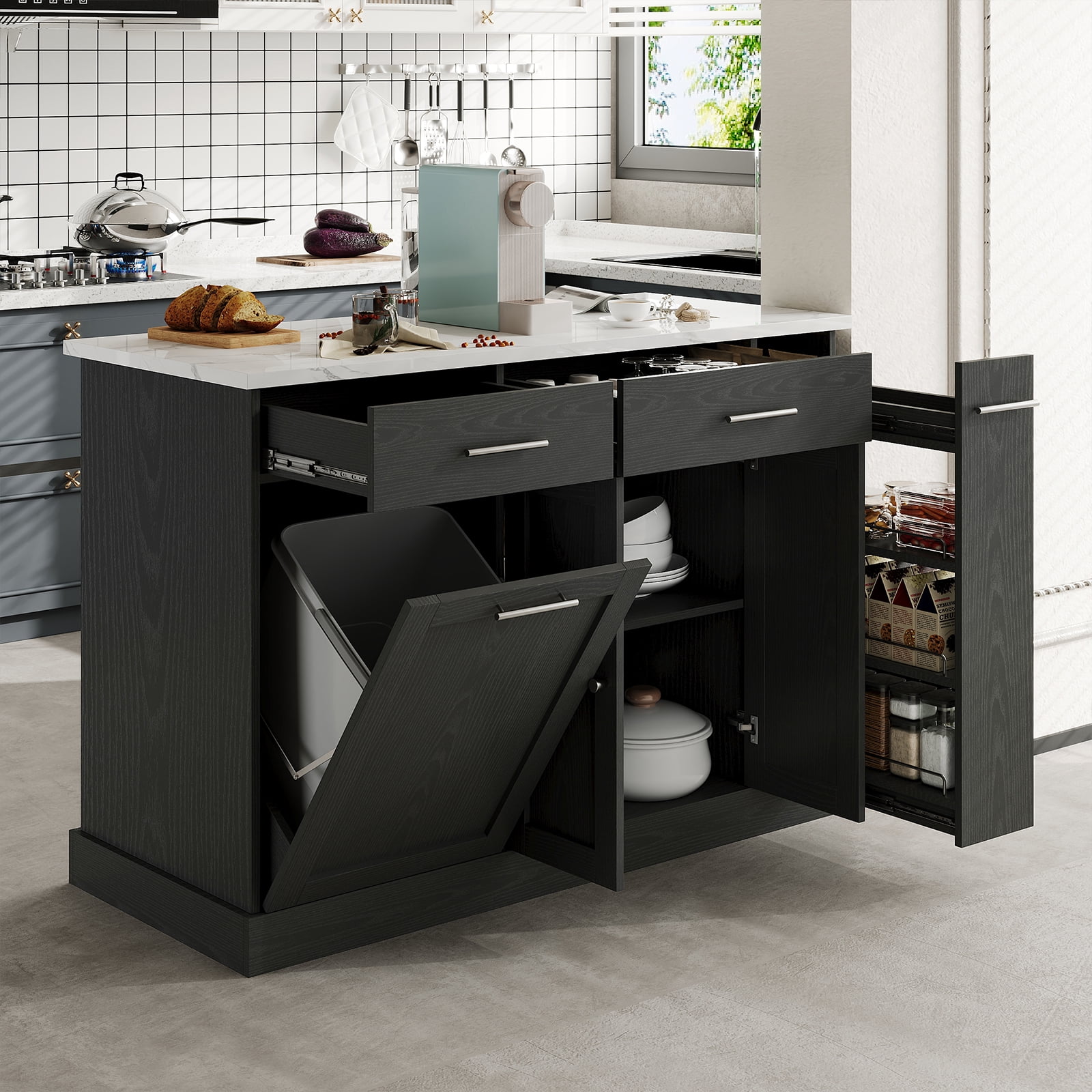 4 EVER WINNER Rolling Kitchen Island Cart with Storage, Mobile Kitchen Island on Wheels with Trash Can Storage, Spice Rack & Towel Rack, Multi-Functional Kitchen Island Table for Organization, Black