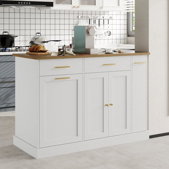 4 EVER WINNER Rolling Kitchen Island with Trash Can Storage, Mobile Kitchen Island on Wheels, Kitchen Cart with Spice Rack, Towel Rack & Adjustable Shelves, Kitchen Storage Cart on Wheels, White