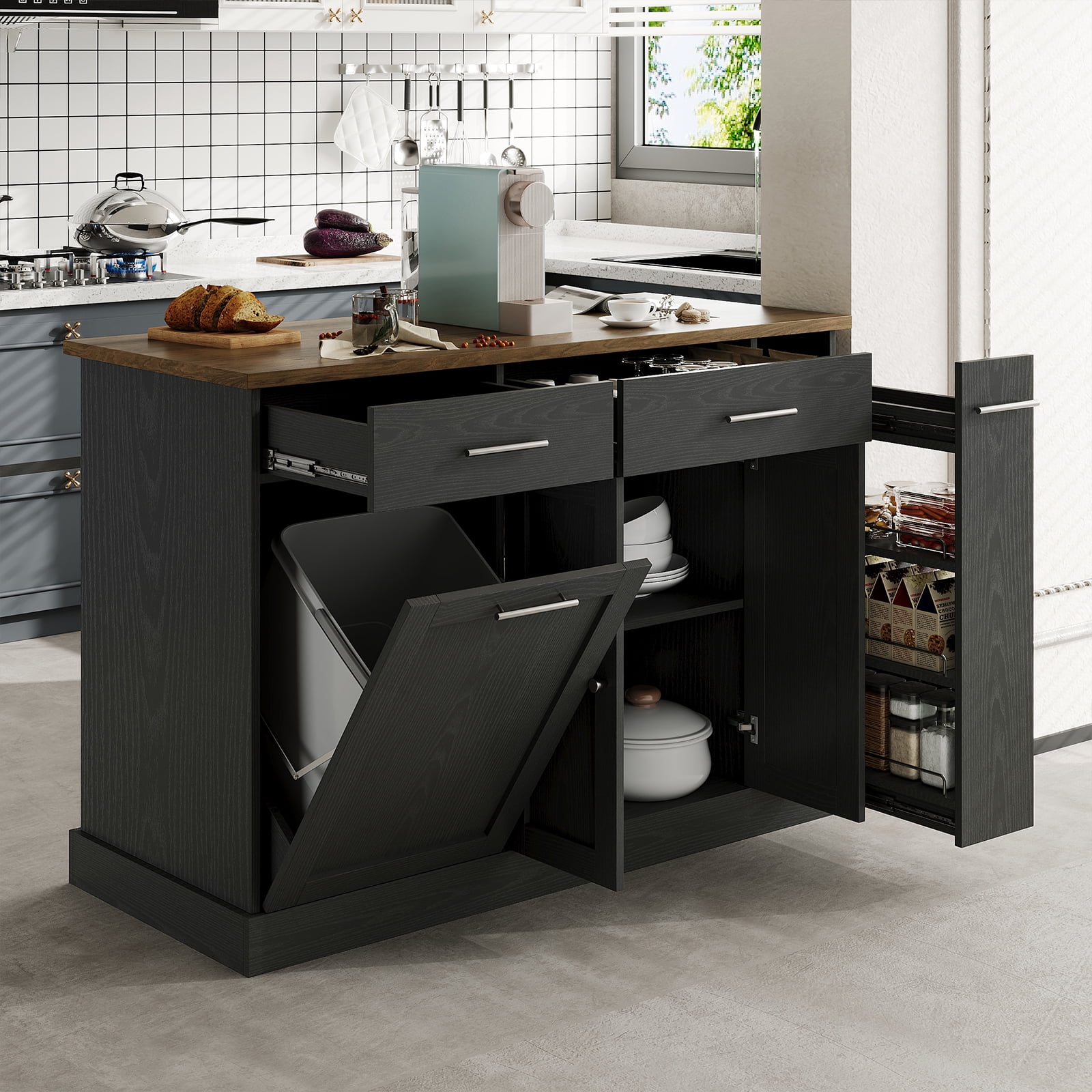 4 EVER WINNER Rolling Kitchen Island on Wheels, Mobile Kitchen Cart with Trash Can Storage, Spice Rack & Towel Rack, Kitchen Island Table with Storage, Easy-Move Kitchen Storage Island, Black