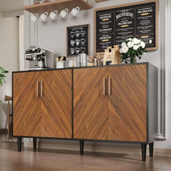 4 EVER WINNER Sideboard Buffet Cabinet with Storage, 58” Coffee Bar Cabinet with Doors & Adjustable Shelves, Living Dining Room Cabinet, Black and Brown
