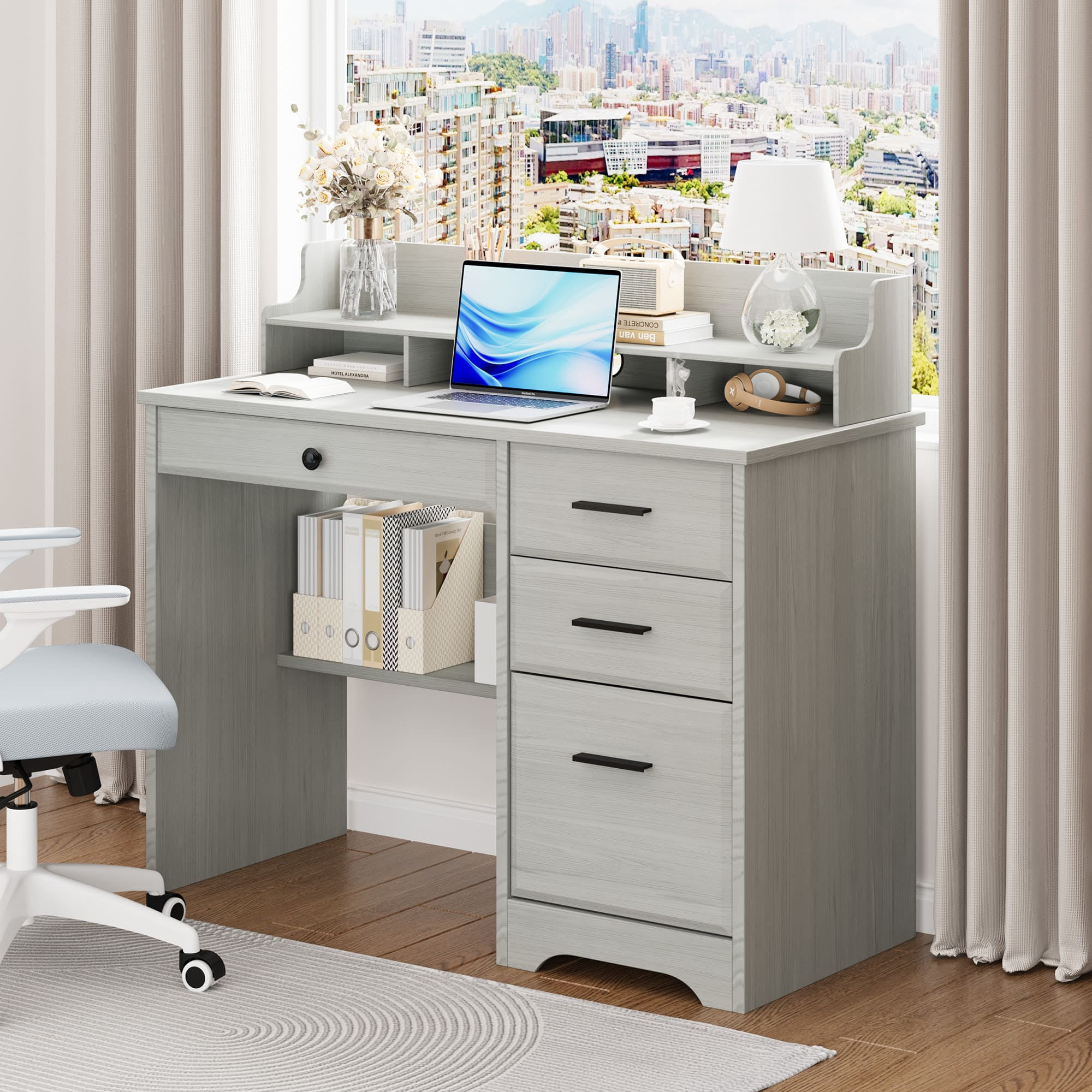 4 EVER WINNER Small Wood Desk with Drawers, File Cabinet & Monitor Stand, Home Office Computer Writing Desk for Bedroom, Off White