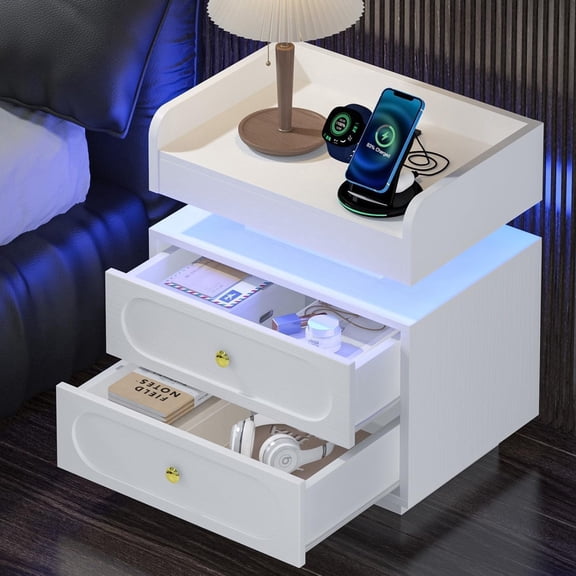 4 EVER WINNER Smart Night Stand with Charging Station, Modern White Nightstand with Adjustable LED Light and Drawers, Bedside Tables/ End Table for Bedroom Living Room