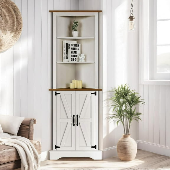 4 EVER WINNER Tall Corner Cabinet, Corner with Barn Door and Adjustable Shelves, 5-Tier Corner Cabinet with Doors for Small Space, Living Room, Hallway, Bathroom, White