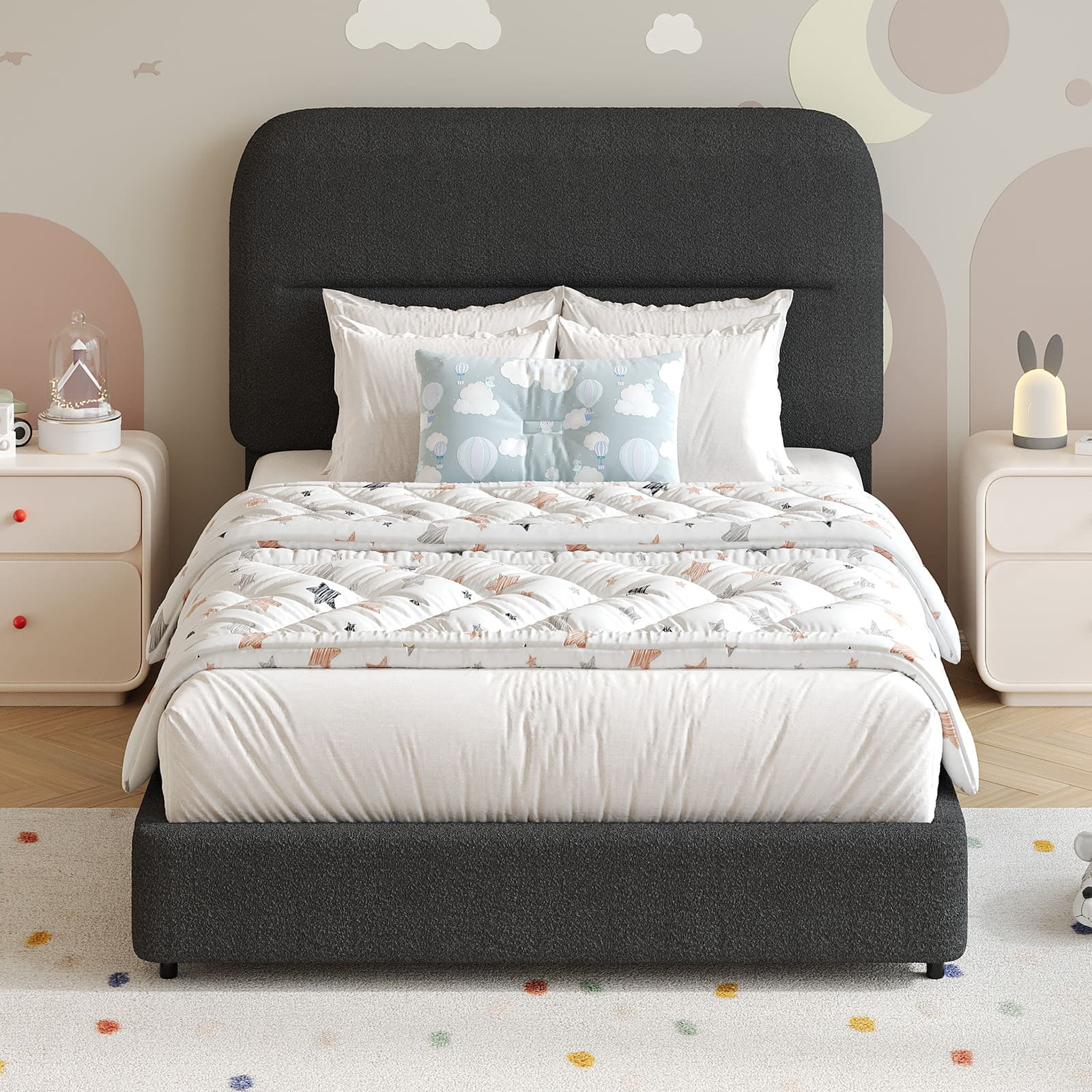 4 EVER WINNER Twin Bed Frame, Boucle Upholstered Platform Bed Frame with Headboard, Soft Rounded Corners, No Box Spring Required, Non-Slip and Noise-Free, Easy Assembly, Black