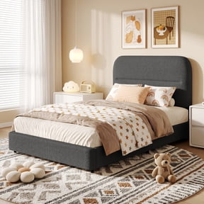 4 Ever Winner Twin Bed Frame, Boucle Upholstered Platform Bed Frame with Headboard, Soft Rounded Corners, No Box Spring Required, Non-Slip and Noise-Free, Easy Assembly, Black