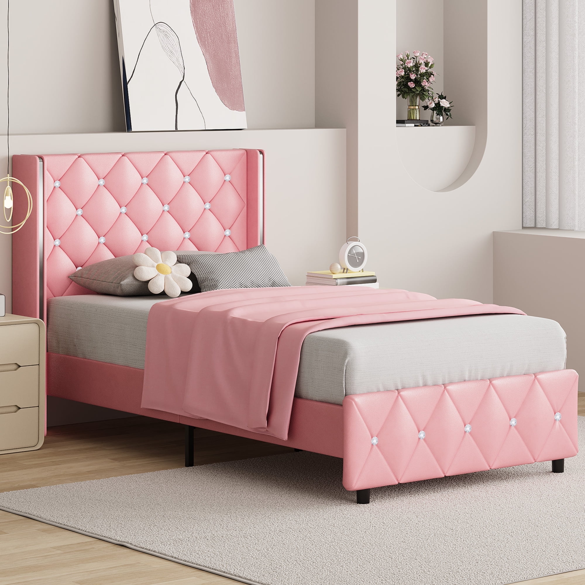 4 EVER WINNER 43.31 in Button Tufted Headboard and Wooden Slat Support Standard Bed Frames, Twin