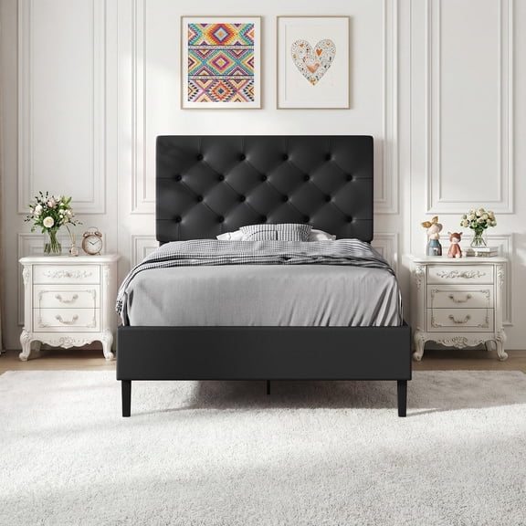 4 EVER WINNER Twin Bed Frame, Faux Leather Bed with Button Tufted Headboard, Upholstered Platform Bed with Wood Slat Support, Box Spring Needed, Noise Free, Easy Assembly,Black