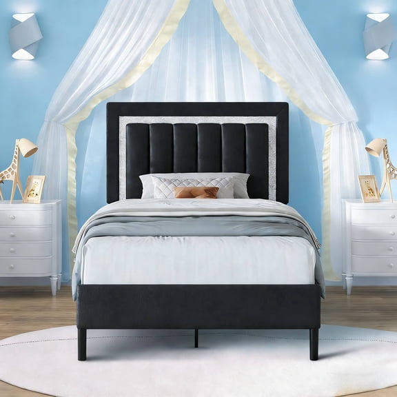 4 Ever Winner Twin Bed Frame with Headboard, Bed Frame Twin Size with Diamond Vertical Design Headboard, Wood Slats Support, Mattress Foundation, No Box Spring Needed, Black