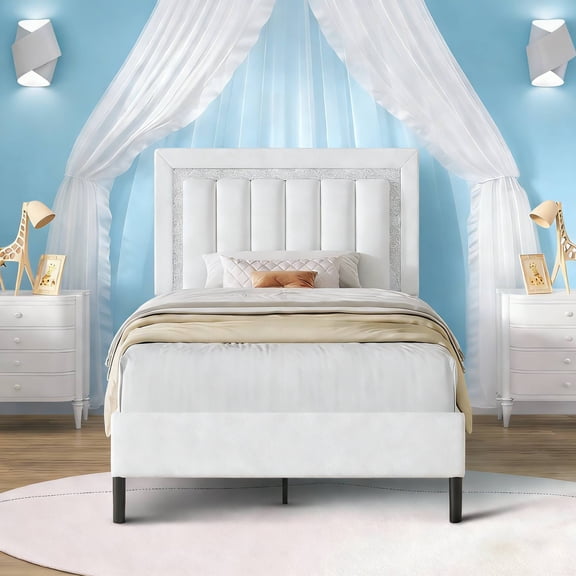 4 EVER WINNER Twin Bed Frame with Headboard, Bed Frame Twin Size with Diamond Vertical Design Headboard, Wood Slats Support, Mattress Foundation, No Box Spring Needed, White