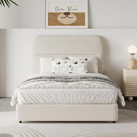 4 EVER WINNER Twin Bed Frame with Headboard, Boucle Upholstered Platform Bed Frame wiith Rounded Corner, Soft Cloud Bed Frame, No Box Spring Needed, Cream