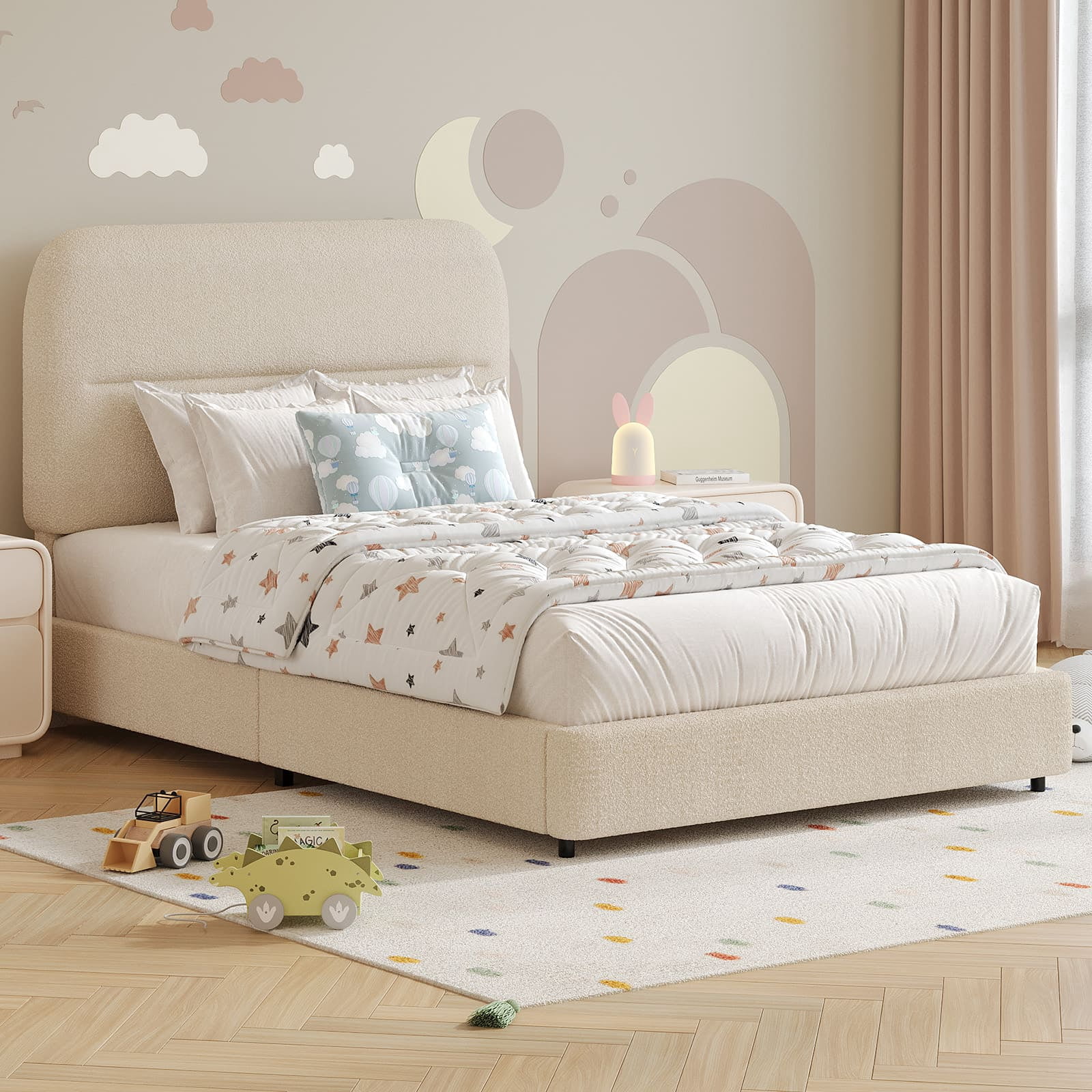 4 EVER WINNER Twin Bed Frame with Headboard, Cloud Boucle Upholstered Platform Bed with Wood Slats, Soft Rounded Corners, No Box Spring Required, Non-Slip and Noise-Free, Easy Assembly, Cream