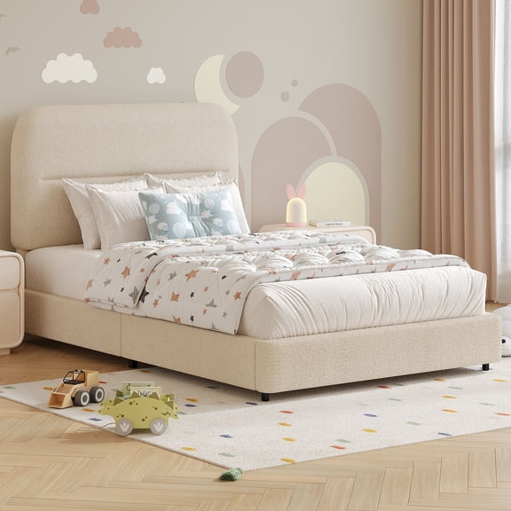 4 EVER WINNER Twin Bed Frame with Headboard, Cloud Boucle Upholstered Platform Bed with Wood Slats, Soft Rounded Corners, No Box Spring Required, Non-Slip and Noise-Free, Easy Assembly, Cream