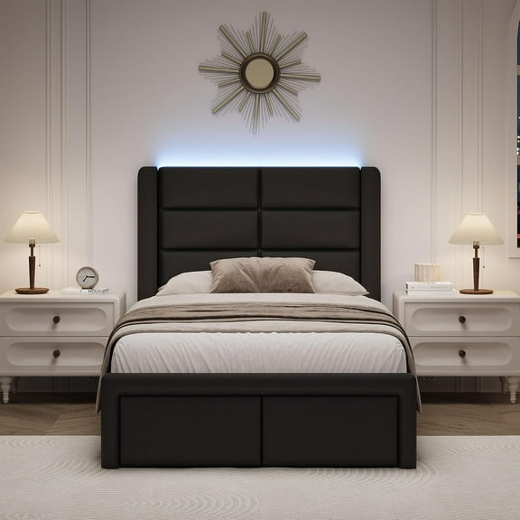 4 EVER WINNER Twin Bed Frame with LED Light, Modern Upholstered Platform Bed Frame Headboard and Footboard, Black Twin Size Bed Frame, Black