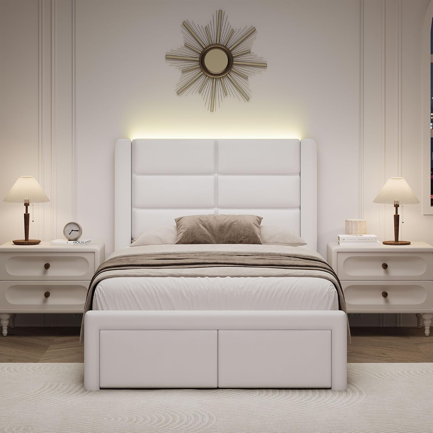 4 EVER WINNER Twin Bed Frame with LED Light, Modern Upholstered Platform Bed Frame Headboard and Footboard, White Twin Size Bed Frame, White